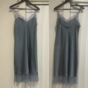 Victoria's Secret Blue Grey Gray Satin Midi Lace Trim Slip Size Large